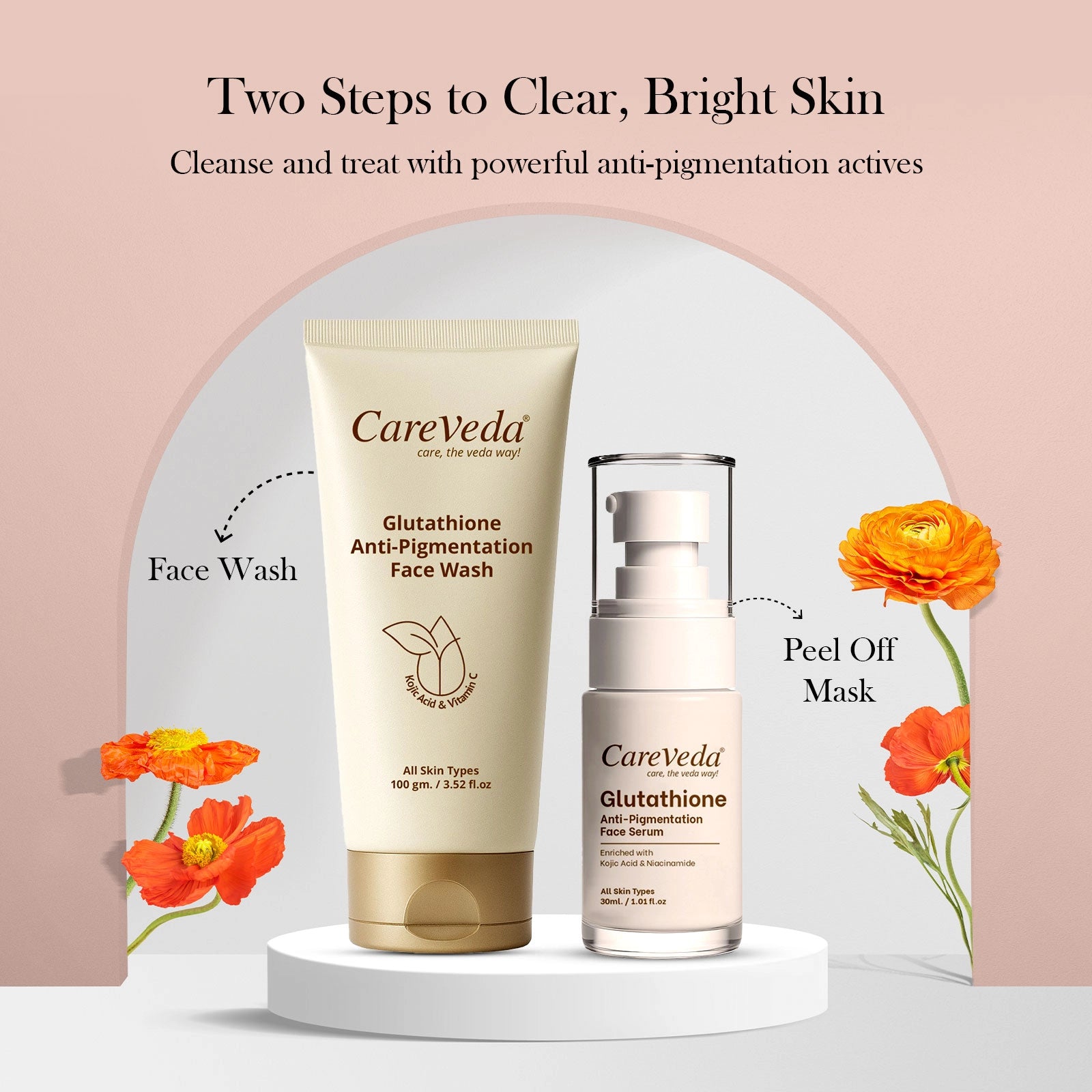 CareVeda Glutathione Skin Care Set of 2 | Face Wash & Face Serum for Bright, Even-Toned Skin | Anti-Pigmentation & Glow Boost | For Men & Women