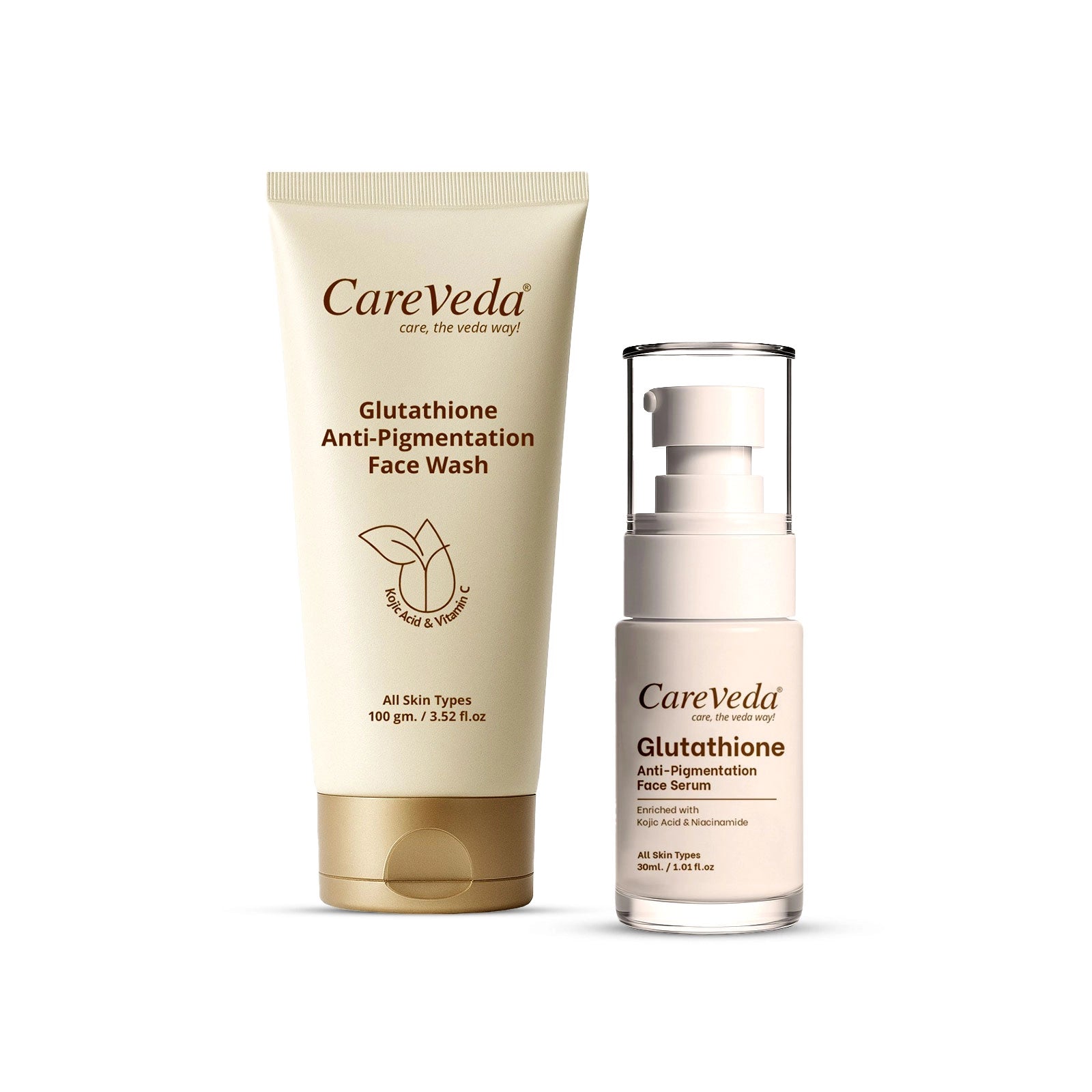 CareVeda Glutathione Skin Care Set of 2 | Face Wash & Face Serum for Bright, Even-Toned Skin | Anti-Pigmentation & Glow Boost | For Men & Women