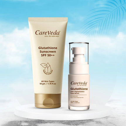 CareVeda Glutathione Skin Care Set of 2 | Face Serum & Sunscreen for Bright, Even-Toned Skin | Anti-Pigmentation & Glow Boost | For Men & Women