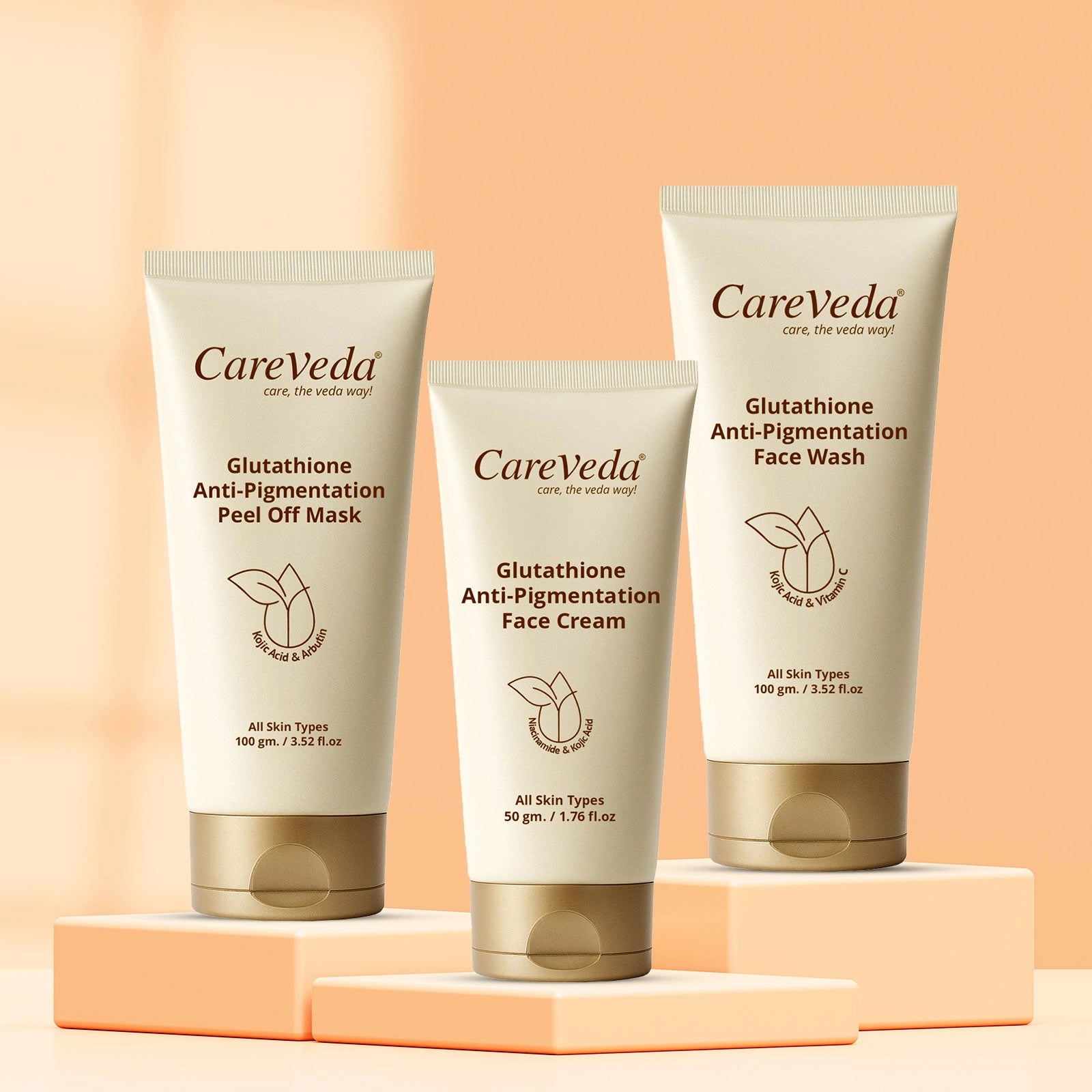 CareVeda Glutathione Skin Care Set of 3 | Face Cream & Face Wash, Peel off Mask for Bright, Even-Toned Skin | Anti-Pigmentation & Glow Boost | For Men & Women