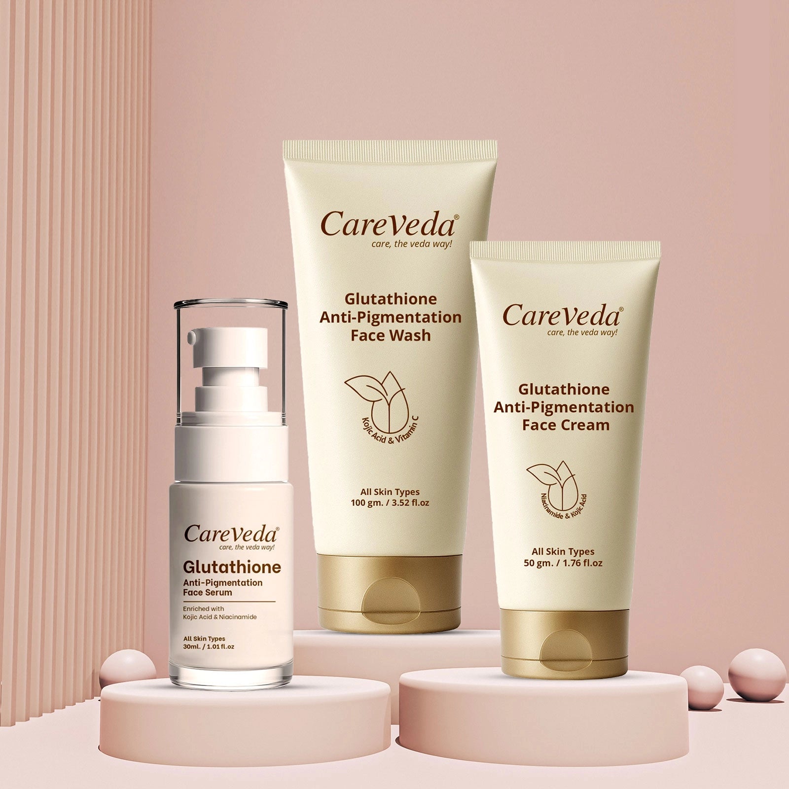CareVeda Glutathione Skin Care Set of 3 | Face Cream & Face Wash, Face Serum for Bright, Even-Toned Skin | Anti-Pigmentation & Glow Boost | For Men & Women