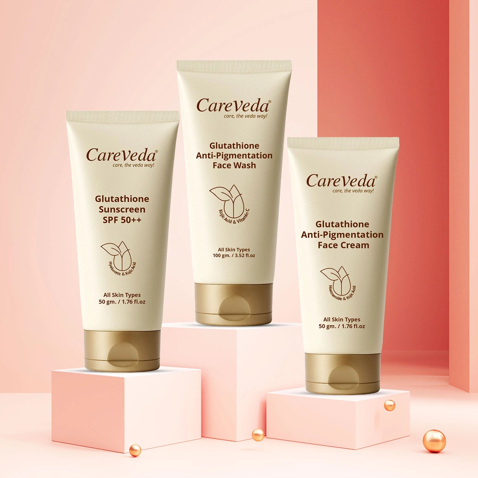 CareVeda Glutathione Skin Care Set of 3 | Face Cream & Face Wash, Sunscreen for Bright, Even-Toned Skin | Anti-Pigmentation & Glow Boost | For Men & Women