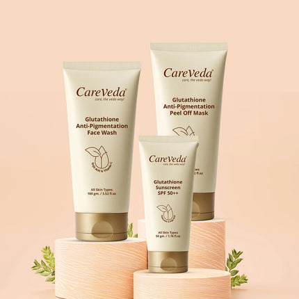 CareVeda Glutathione Skin Care Set of 3 | Face Wash & Peel off Mask, Sunscreen for Bright, Even-Toned Skin | Anti-Pigmentation & Glow Boost | For Men & Women