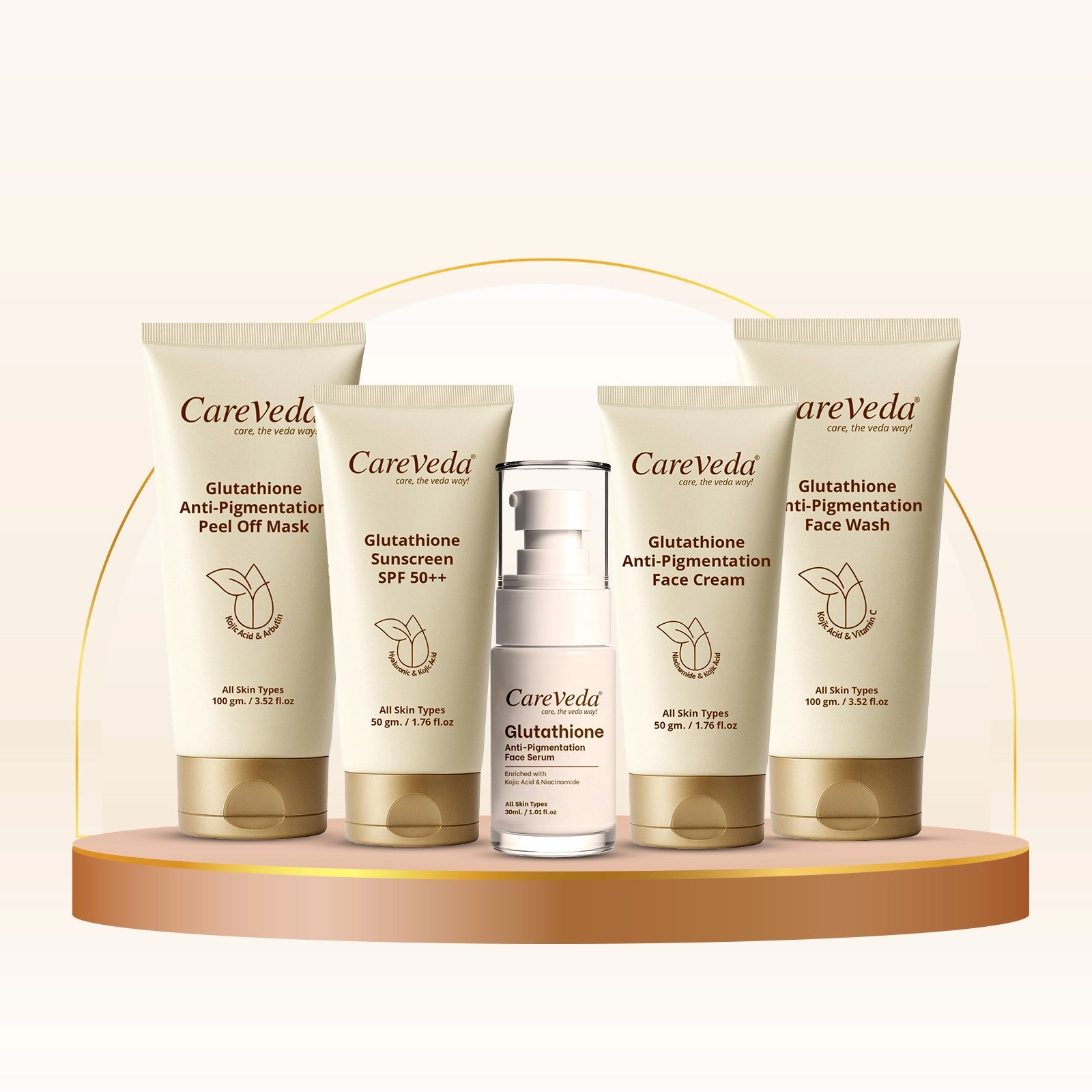CareVeda Glutathione Skin Care Range for Bright & Even-Toned Skin | Face Wash, Serum, Cream, Sunscreen & Peel-Off Mask | Anti-Pigmentation, Anti-Dullness, Deep Nourishment | For Men & Women, Set of 5
