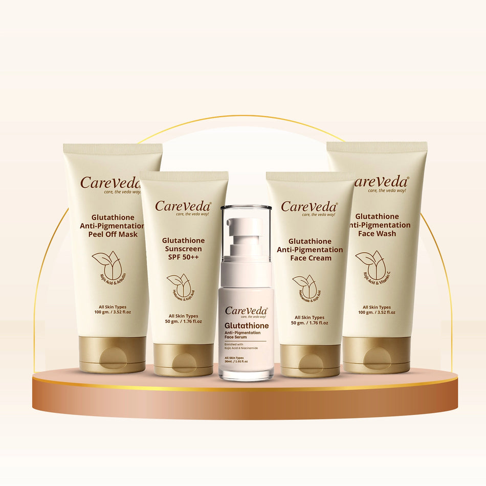 CareVeda Glutathione Skin Care Range for Bright & Even-Toned Skin | Face Wash, Serum, Cream, Sunscreen & Peel-Off Mask | Anti-Pigmentation, Anti-Dullness, Deep Nourishment | For Men & Women, Set of 5