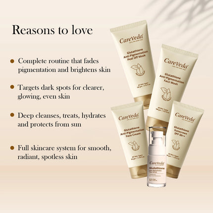 CareVeda Glutathione Skin Care Range for Bright & Even-Toned Skin | Face Wash, Serum, Cream, Sunscreen & Peel-Off Mask | Anti-Pigmentation, Anti-Dullness, Deep Nourishment | For Men & Women, Set of 5
