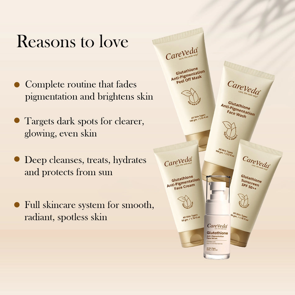 CareVeda Glutathione Skin Care Range for Bright & Even-Toned Skin | Face Wash, Serum, Cream, Sunscreen & Peel-Off Mask | Anti-Pigmentation, Anti-Dullness, Deep Nourishment | For Men & Women, Set of 5