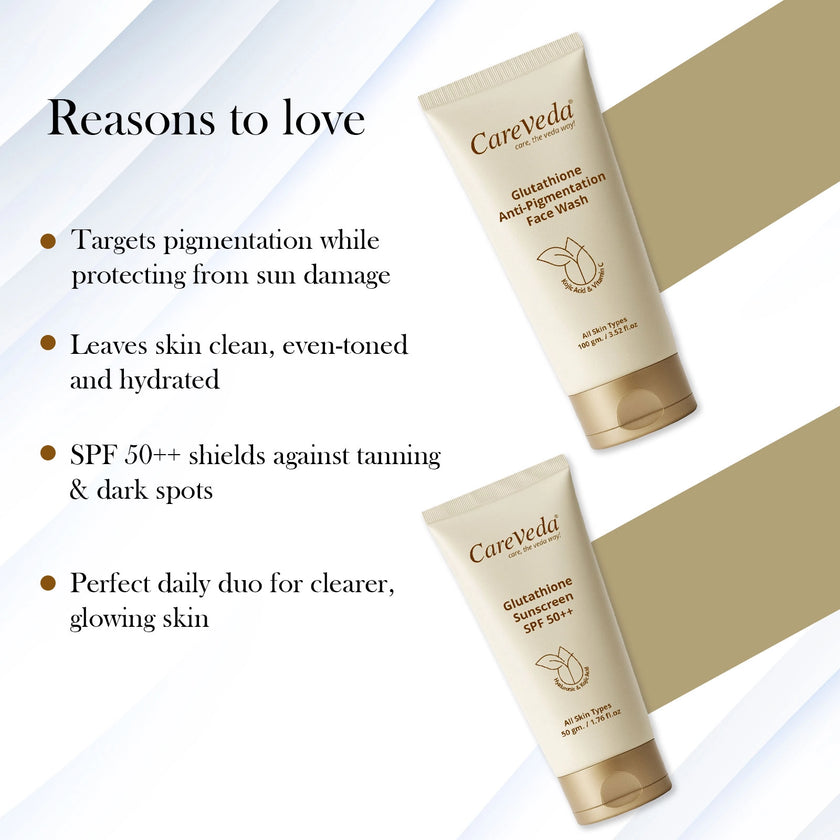 CareVeda Glutathione Skin Care Set of 2 | Face Wash & Sunscreen for Bright, Even-Toned Skin | Anti-Pigmentation & Glow Boost | For Men & Women