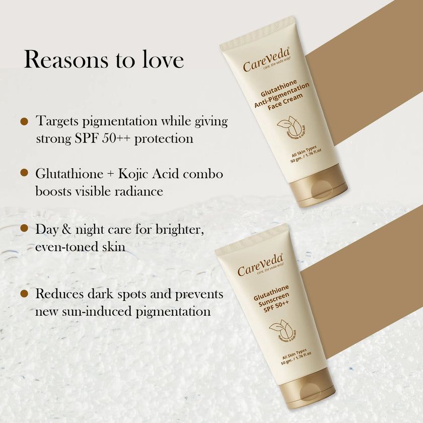 CareVeda Glutathione Skin Care Set of 2 | Face Cream & Sunscreen for Bright, Even-Toned Skin | Anti-Pigmentation & Glow Boost | For Men & Women