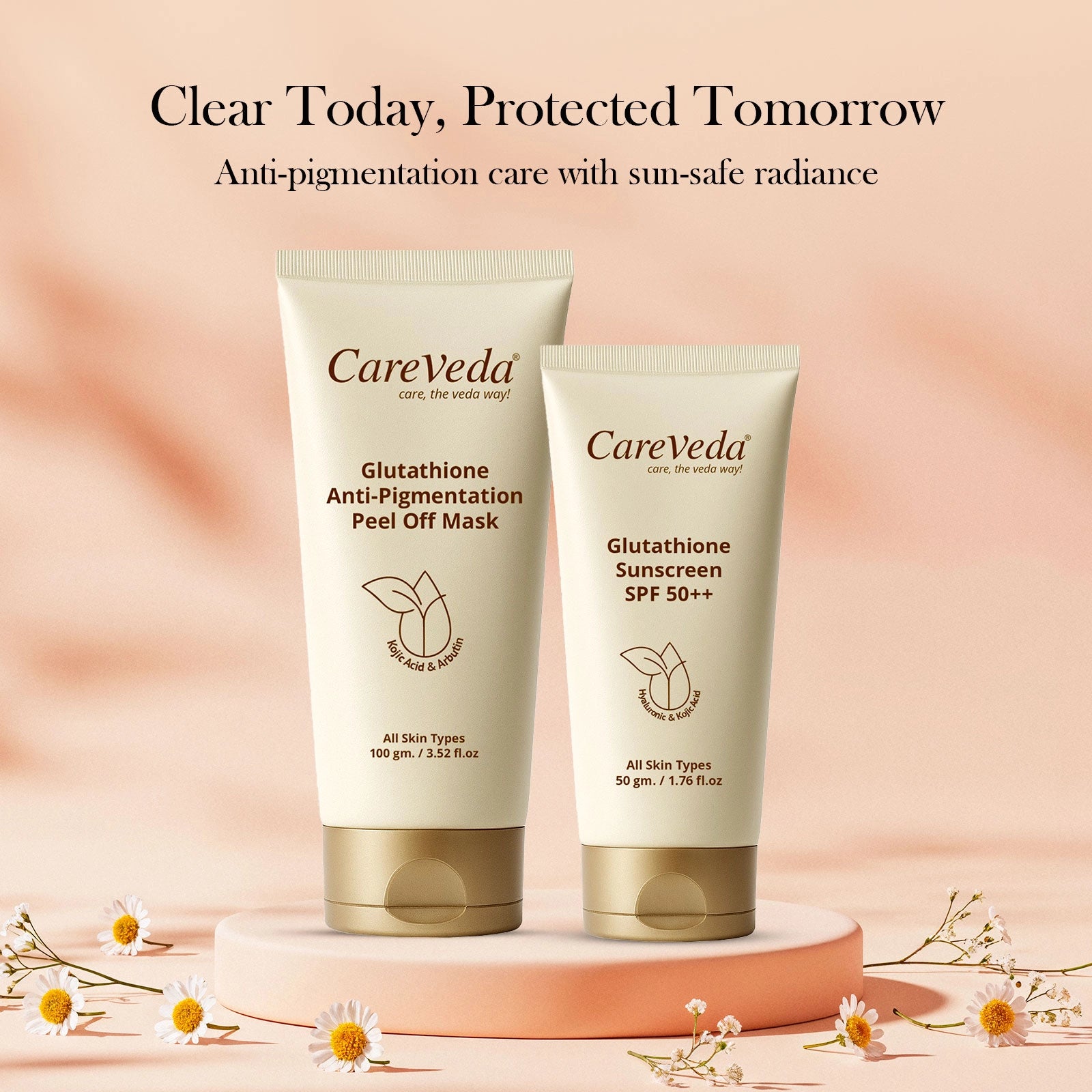 CareVeda Glutathione Skin Care Set of 2 | Peel off Mask & Sunscreen for Bright, Even-Toned Skin | Anti-Pigmentation & Glow Boost | For Men & Women