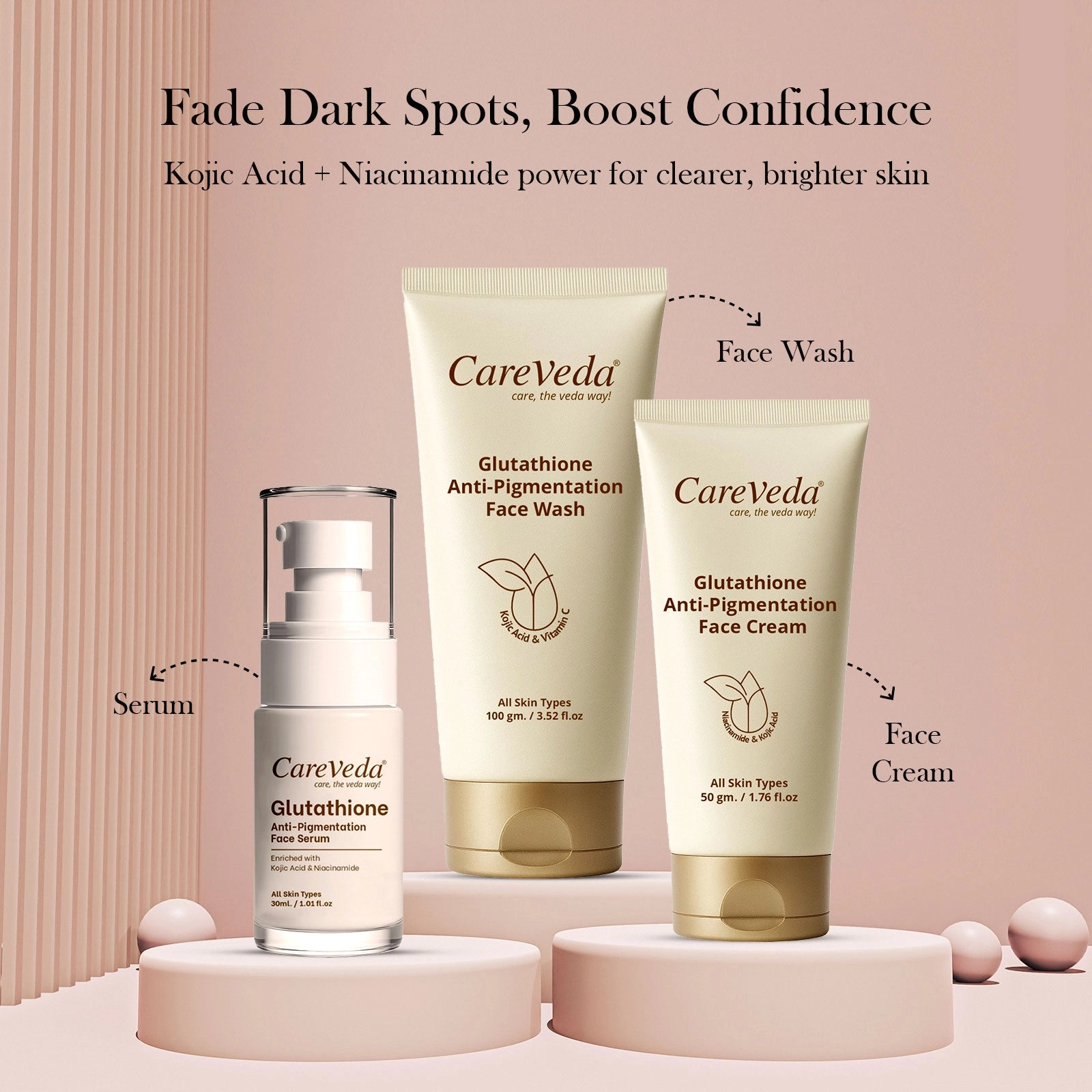 CareVeda Glutathione Skin Care Set of 3 | Face Cream & Face Wash, Face Serum for Bright, Even-Toned Skin | Anti-Pigmentation & Glow Boost | For Men & Women