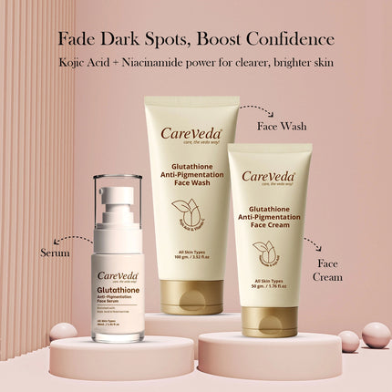 CareVeda Glutathione Skin Care Set of 3 | Face Cream & Face Wash, Face Serum for Bright, Even-Toned Skin | Anti-Pigmentation & Glow Boost | For Men & Women