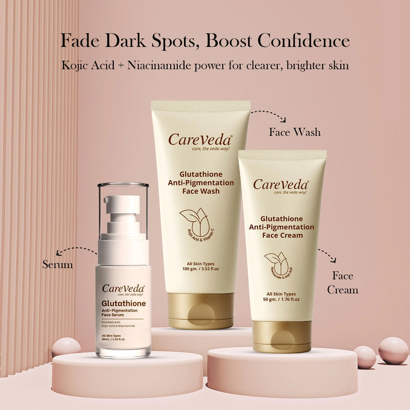 CareVeda Glutathione Skin Care Set of 3 | Face Cream & Face Wash, Face Serum for Bright, Even-Toned Skin | Anti-Pigmentation & Glow Boost | For Men & Women