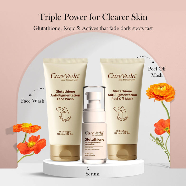 CareVeda Glutathione Skin Care Set of 3 | Face Wash & Peel off Mask, Face Serum for Bright, Even-Toned Skin | Anti-Pigmentation & Glow Boost | For Men & Women