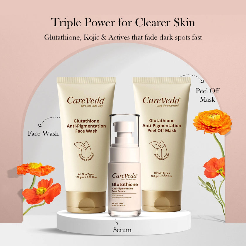 CareVeda Glutathione Skin Care Set of 3 | Face Wash & Peel off Mask, Face Serum for Bright, Even-Toned Skin | Anti-Pigmentation & Glow Boost | For Men & Women