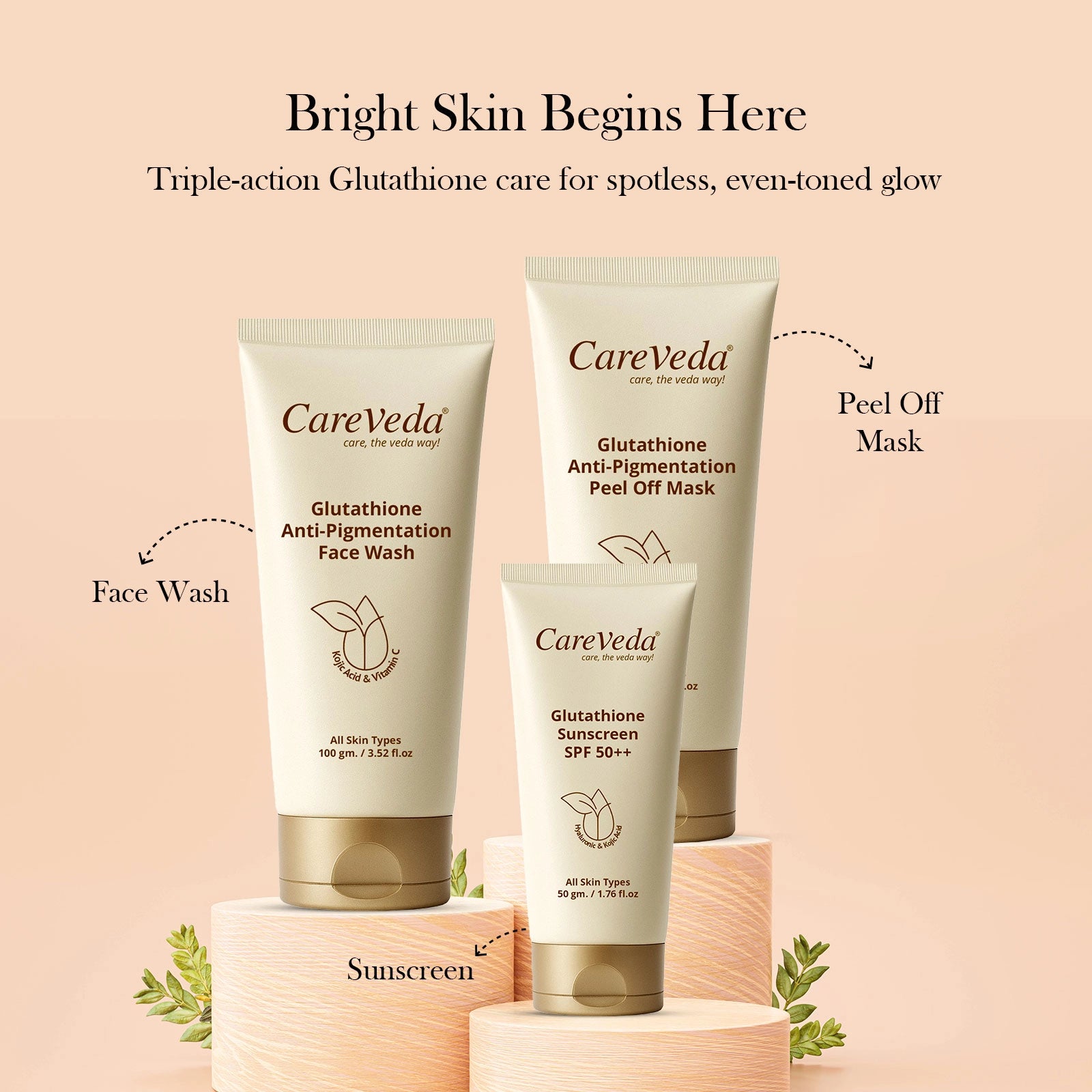 CareVeda Glutathione Skin Care Set of 3 | Face Wash & Peel off Mask, Sunscreen for Bright, Even-Toned Skin | Anti-Pigmentation & Glow Boost | For Men & Women