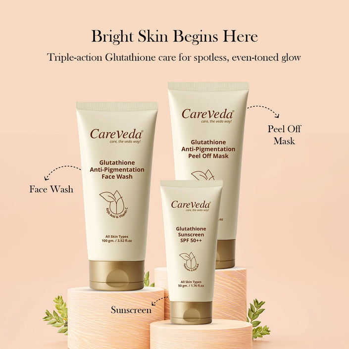CareVeda Glutathione Skin Care Set of 3 | Face Wash & Peel off Mask, Sunscreen for Bright, Even-Toned Skin | Anti-Pigmentation & Glow Boost | For Men & Women