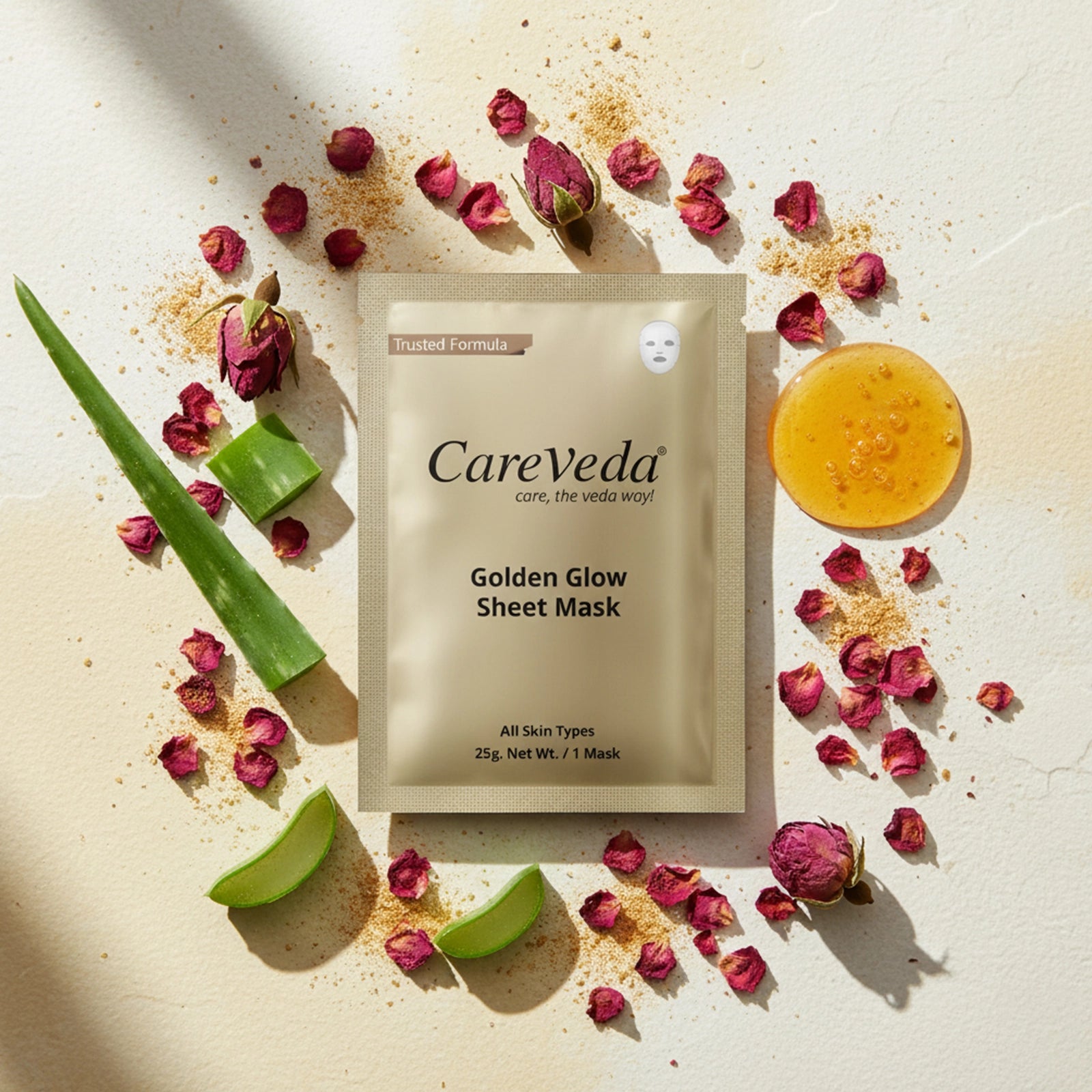 CareVeda Golden Glow Sheet Mask Suitable For All Skin Types, 25gm