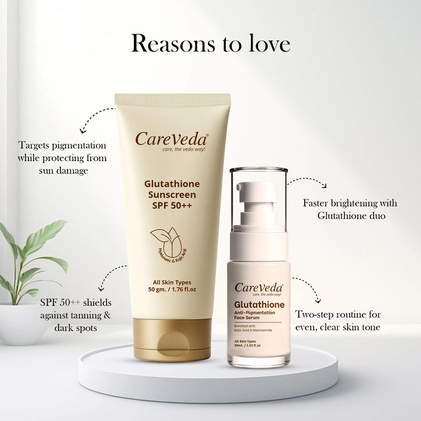 CareVeda Glutathione Skin Care Set of 2 | Face Serum & Sunscreen for Bright, Even-Toned Skin | Anti-Pigmentation & Glow Boost | For Men & Women