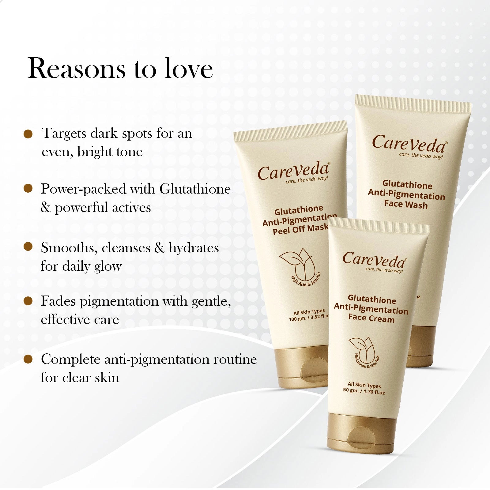 CareVeda Glutathione Skin Care Set of 3 | Face Cream & Face Wash, Peel off Mask for Bright, Even-Toned Skin | Anti-Pigmentation & Glow Boost | For Men & Women