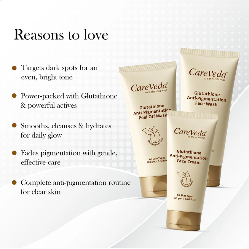 CareVeda Glutathione Skin Care Set of 3 | Face Cream & Face Wash, Peel off Mask for Bright, Even-Toned Skin | Anti-Pigmentation & Glow Boost | For Men & Women