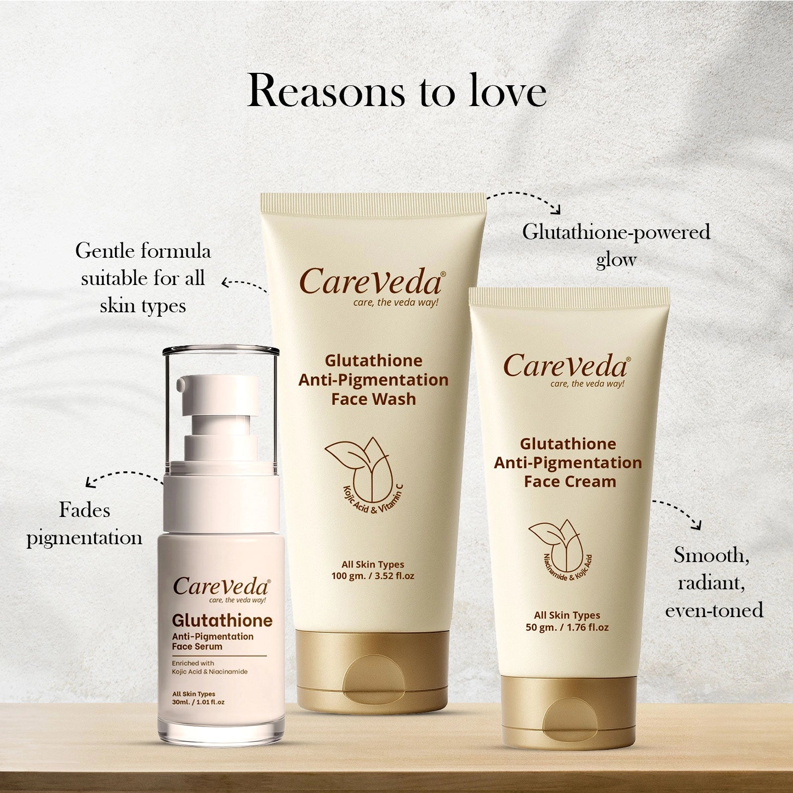CareVeda Glutathione Skin Care Set of 3 | Face Cream & Face Wash, Face Serum for Bright, Even-Toned Skin | Anti-Pigmentation & Glow Boost | For Men & Women