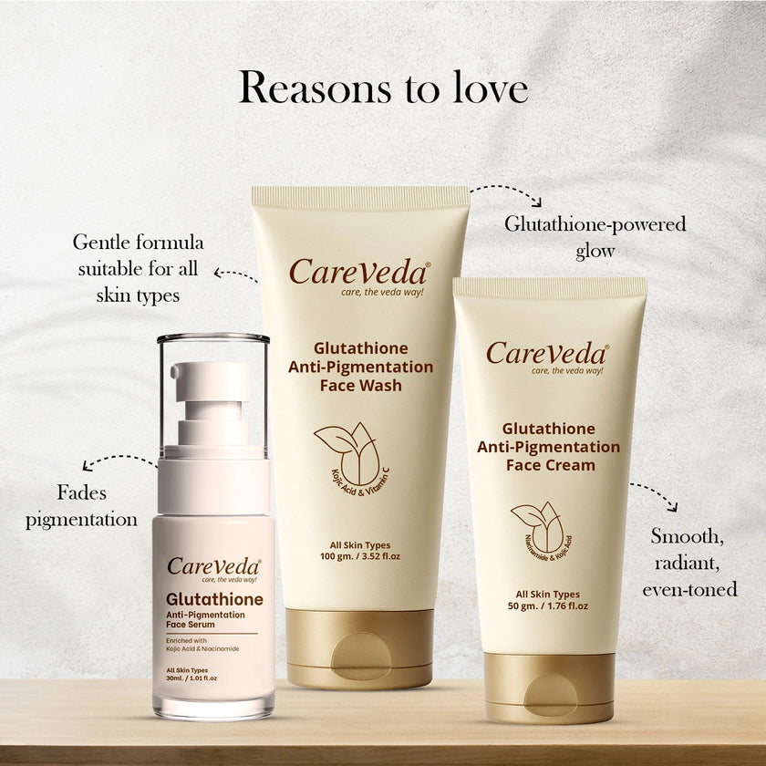 CareVeda Glutathione Skin Care Set of 3 | Face Cream & Face Wash, Face Serum for Bright, Even-Toned Skin | Anti-Pigmentation & Glow Boost | For Men & Women