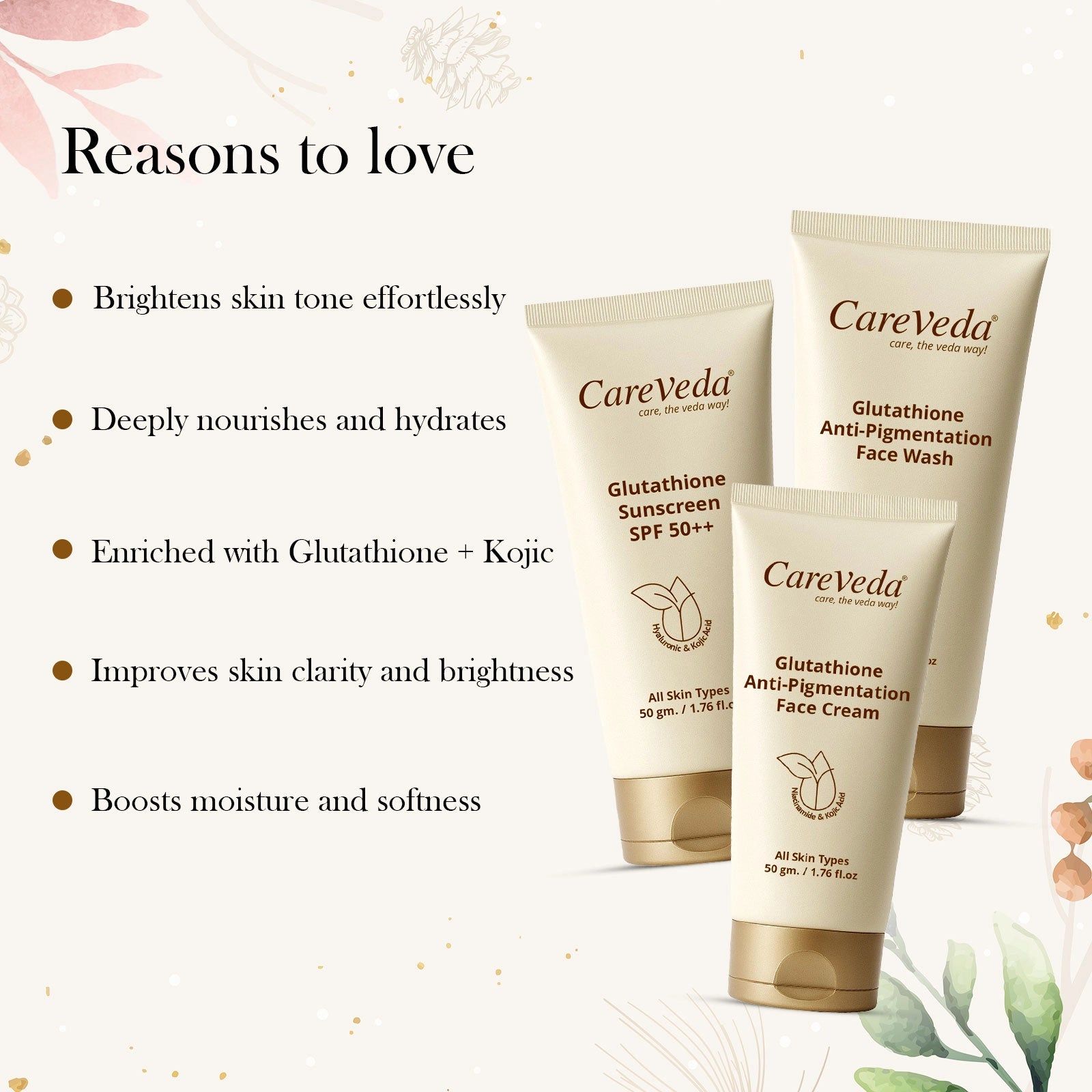 CareVeda Glutathione Skin Care Set of 3 | Face Cream & Face Wash, Sunscreen for Bright, Even-Toned Skin | Anti-Pigmentation & Glow Boost | For Men & Women