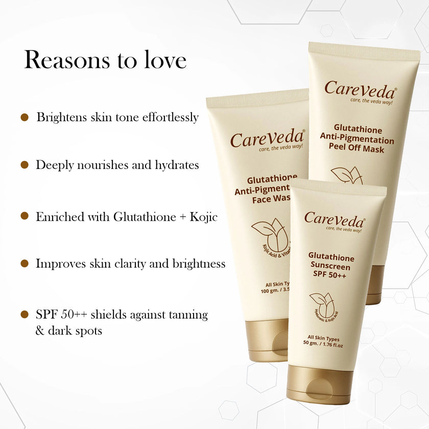CareVeda Glutathione Skin Care Set of 3 | Face Wash & Peel off Mask, Sunscreen for Bright, Even-Toned Skin | Anti-Pigmentation & Glow Boost | For Men & Women
