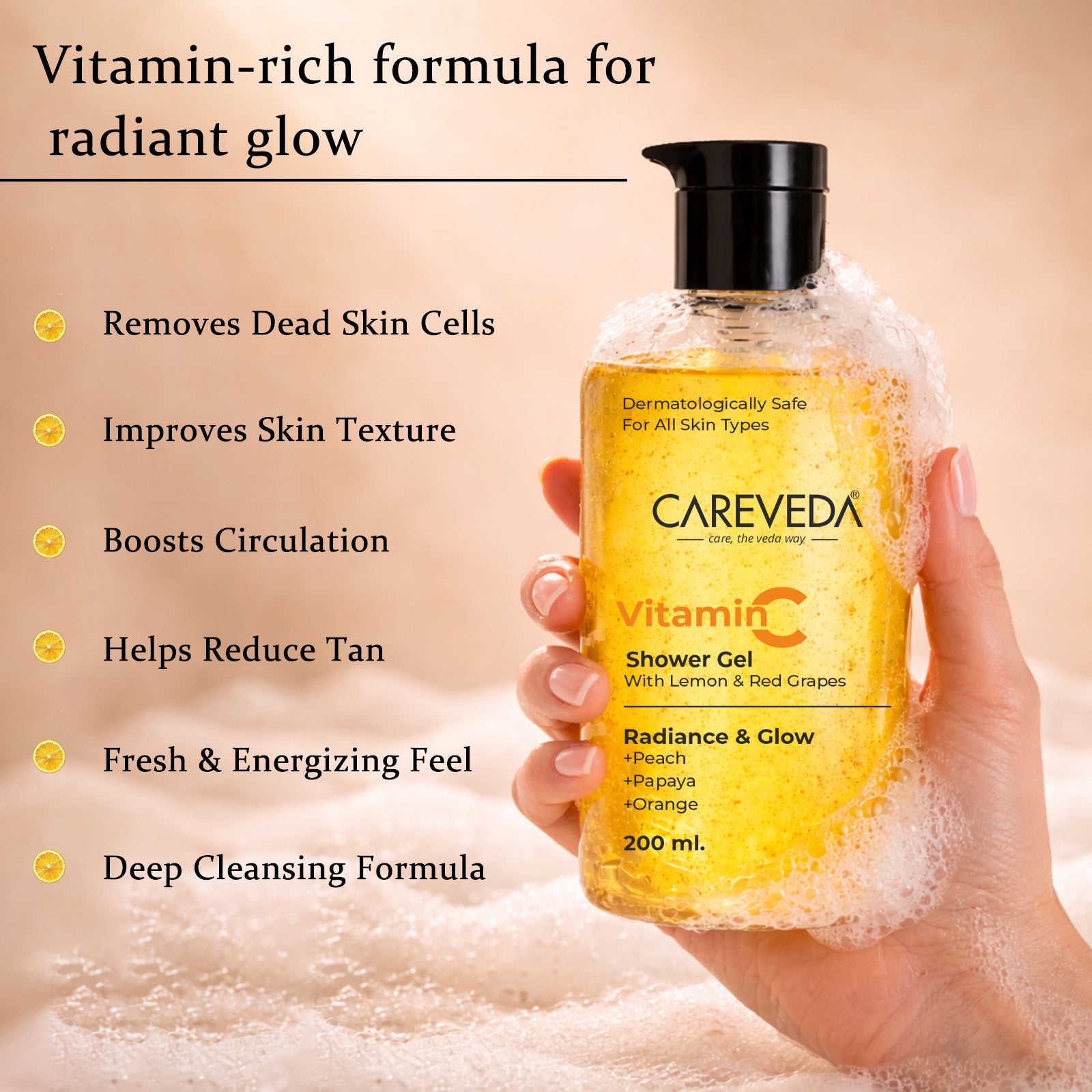 CareVeda Vitamin C Shower Gel With Lemon & Red Grapes, Brightening Body Wash 200ml