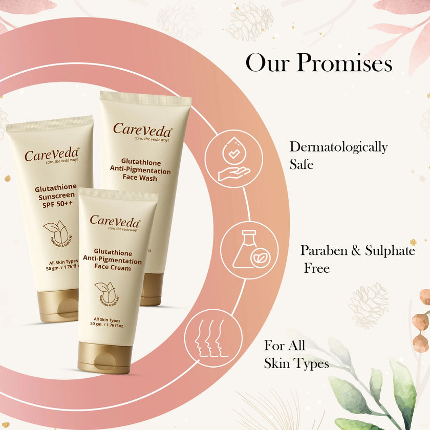 CareVeda Glutathione Skin Care Set of 3 | Face Cream & Face Wash, Sunscreen for Bright, Even-Toned Skin | Anti-Pigmentation & Glow Boost | For Men & Women