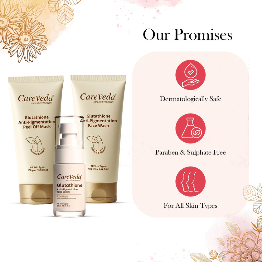 CareVeda Glutathione Skin Care Set of 3 | Face Wash & Peel off Mask, Face Serum for Bright, Even-Toned Skin | Anti-Pigmentation & Glow Boost | For Men & Women