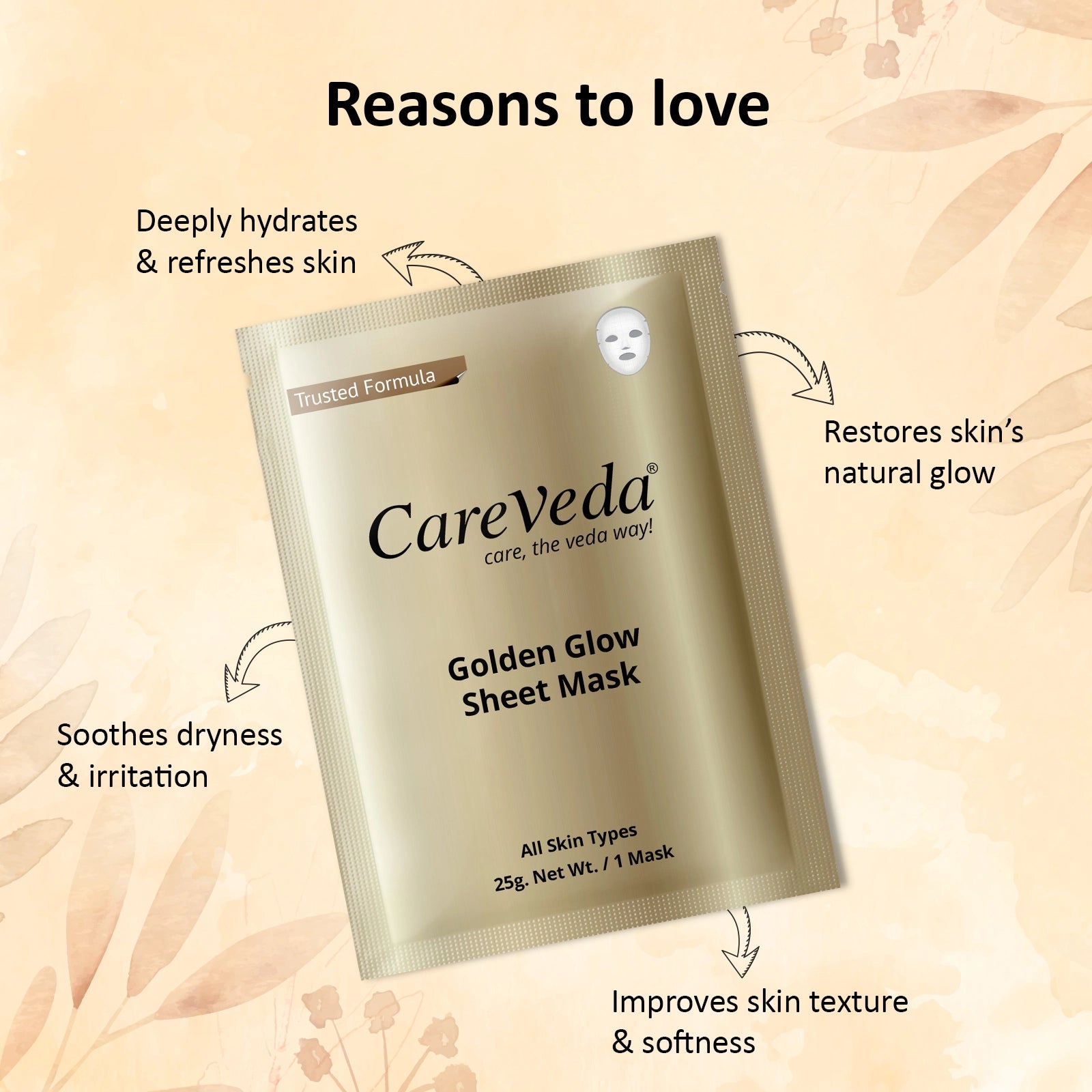 CareVeda Golden Glow Sheet Mask Suitable For All Skin Types, 25gm