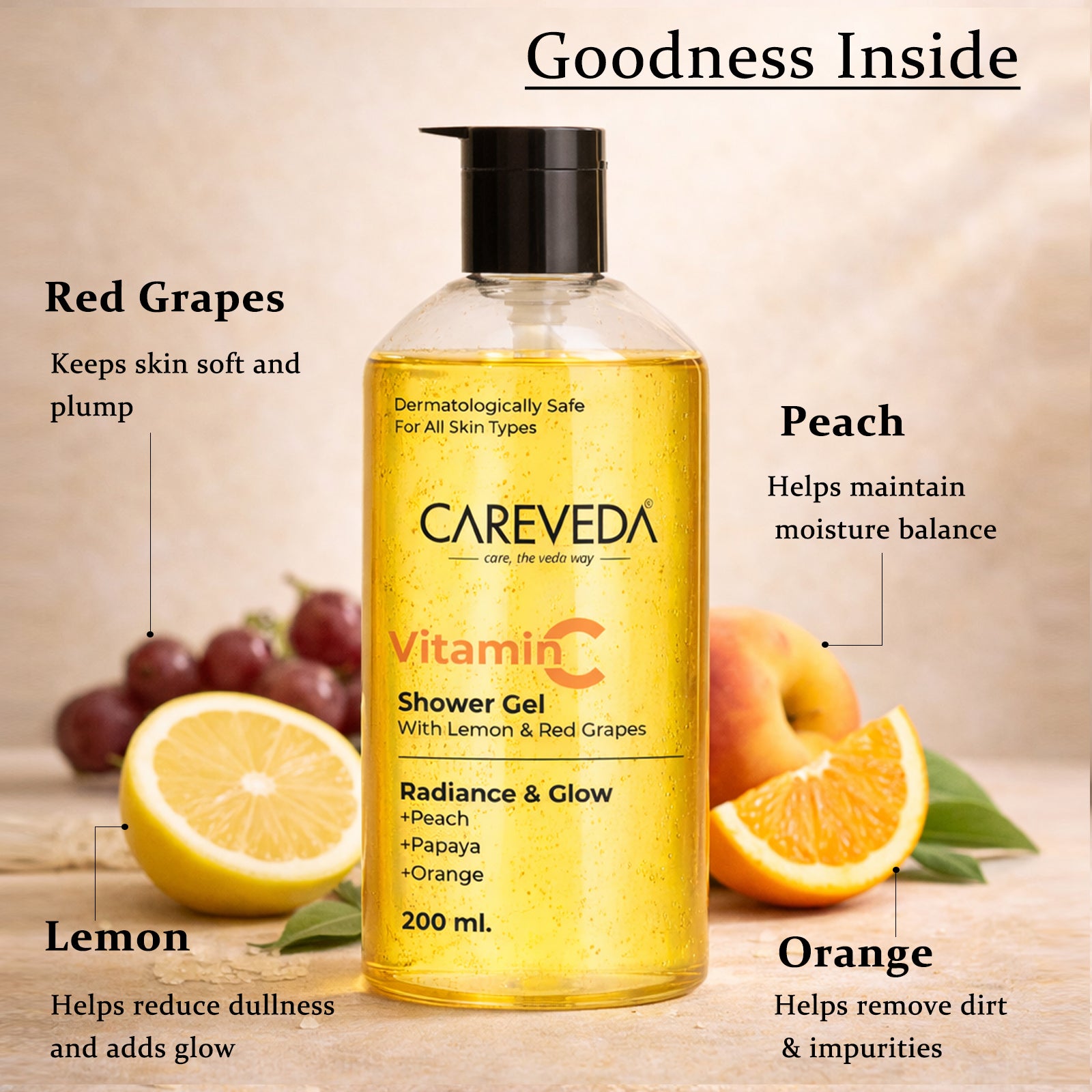 CareVeda Vitamin C Shower Gel With Lemon & Red Grapes, Brightening Body Wash 200ml