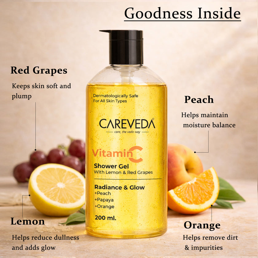 CareVeda Vitamin C Shower Gel With Lemon & Red Grapes, Brightening Body Wash 200ml