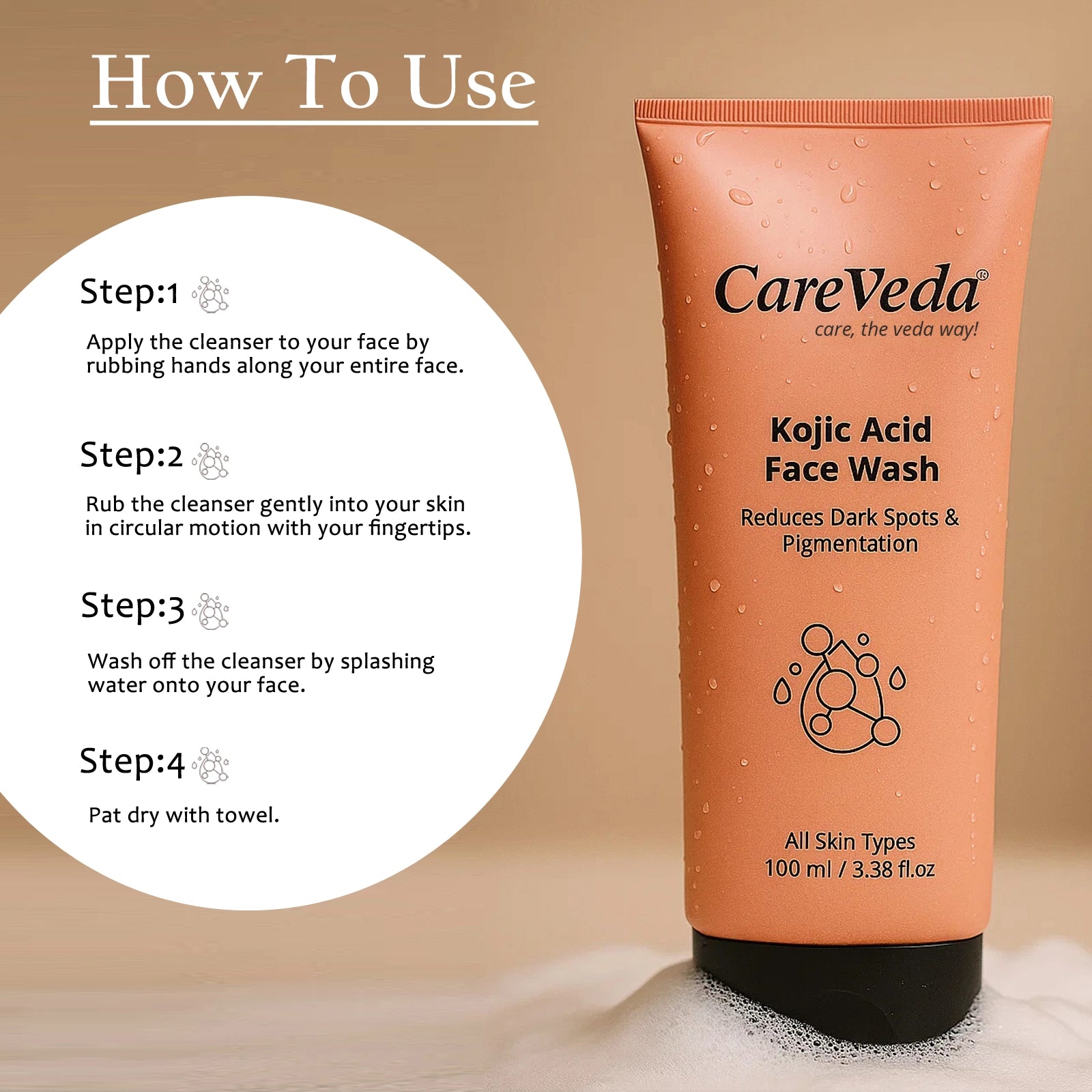 CareVeda Kojic Acid Face Wash For Reduces Dark Spots & Pigmentation Suitable For All Skin Types 100gm