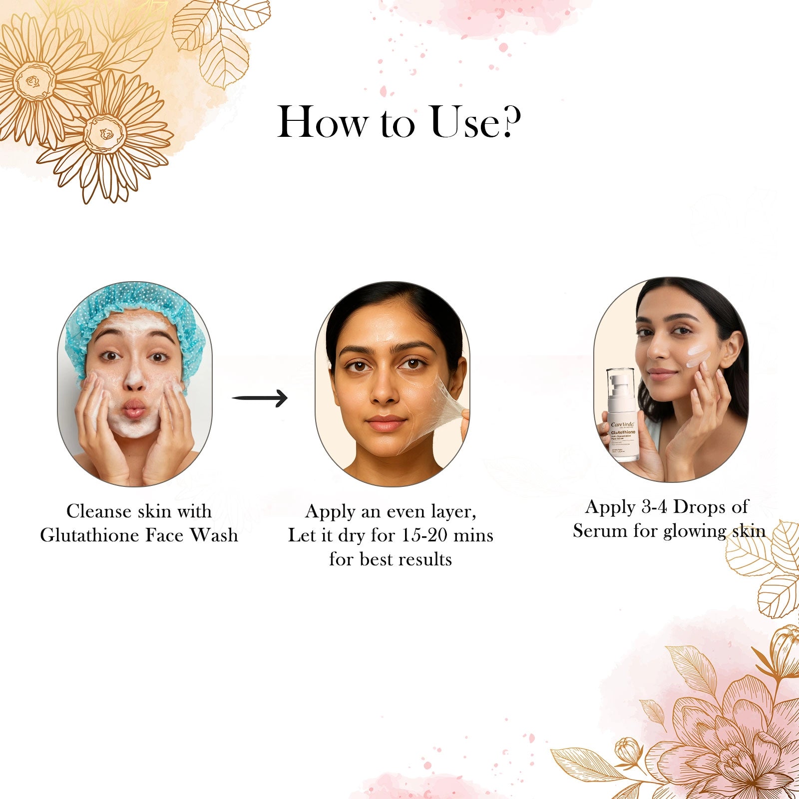 CareVeda Glutathione Skin Care Set of 3 | Face Wash & Peel off Mask, Face Serum for Bright, Even-Toned Skin | Anti-Pigmentation & Glow Boost | For Men & Women