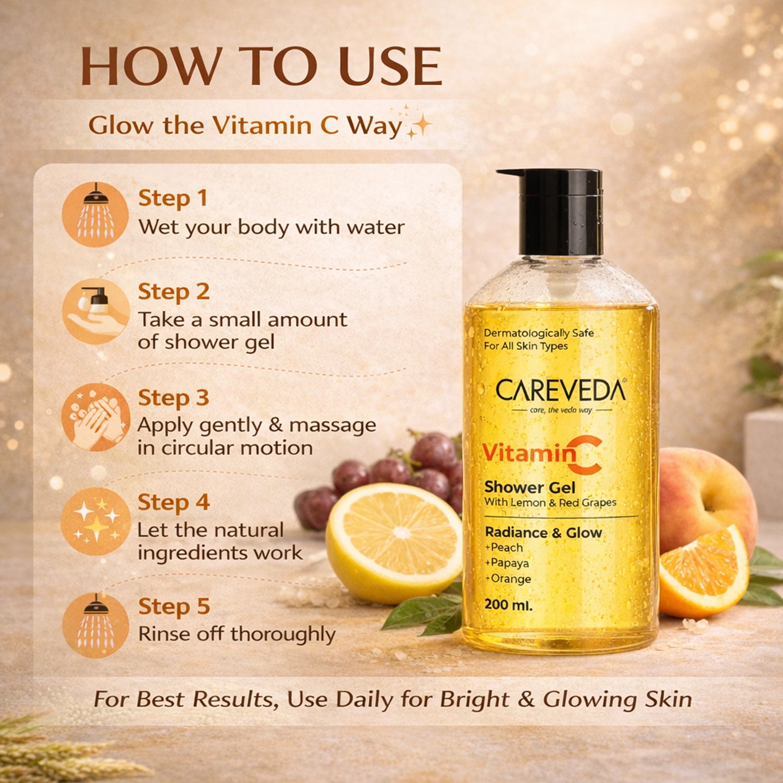 CareVeda Vitamin C Shower Gel With Lemon & Red Grapes, Brightening Body Wash 200ml