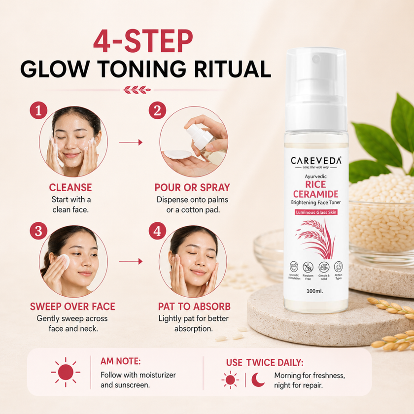 Careveda Ayurvedic Rice Ceramide Face Toner for Luminous Glass Skin - Brightening & Hydrating Toner with Green Tea & Vitamin E - 100ml