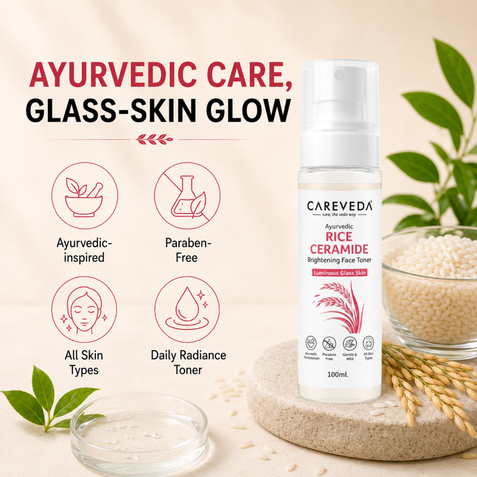 Careveda Ayurvedic Rice Ceramide Face Toner for Luminous Glass Skin - Brightening & Hydrating Toner with Green Tea & Vitamin E - 100ml