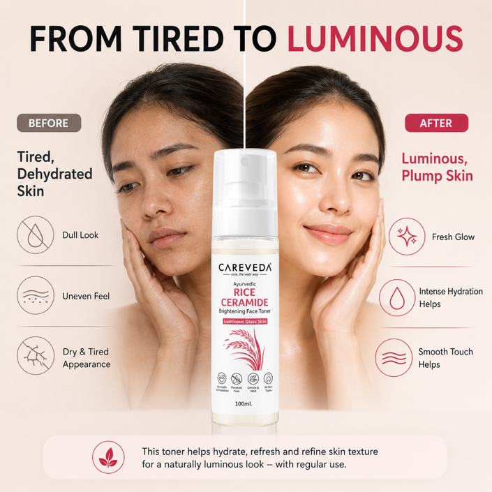 Careveda Ayurvedic Rice Ceramide Face Toner for Luminous Glass Skin - Brightening & Hydrating Toner with Green Tea & Vitamin E - 100ml