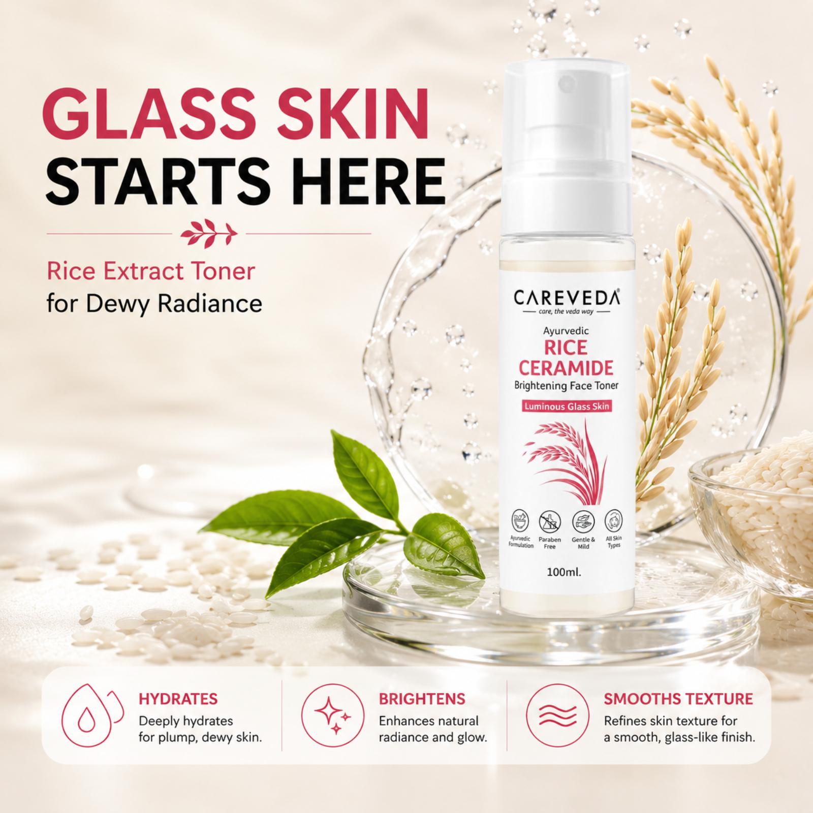 Careveda Ayurvedic Rice Ceramide Face Toner for Luminous Glass Skin - Brightening & Hydrating Toner with Green Tea & Vitamin E - 100ml