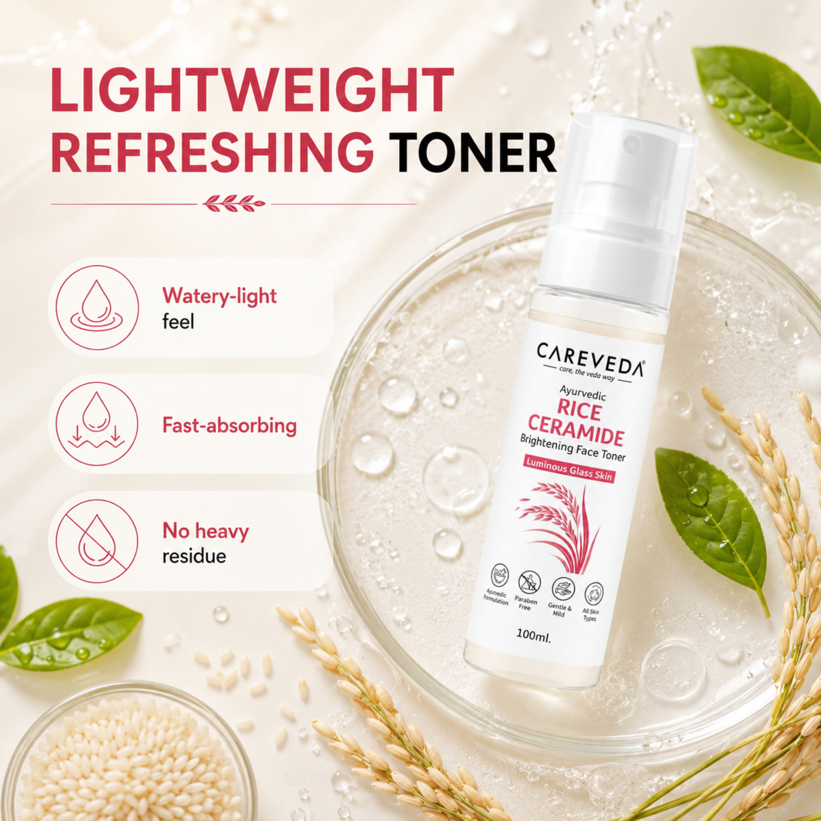 Careveda Ayurvedic Rice Ceramide Face Toner for Luminous Glass Skin - Brightening & Hydrating Toner with Green Tea & Vitamin E - 100ml