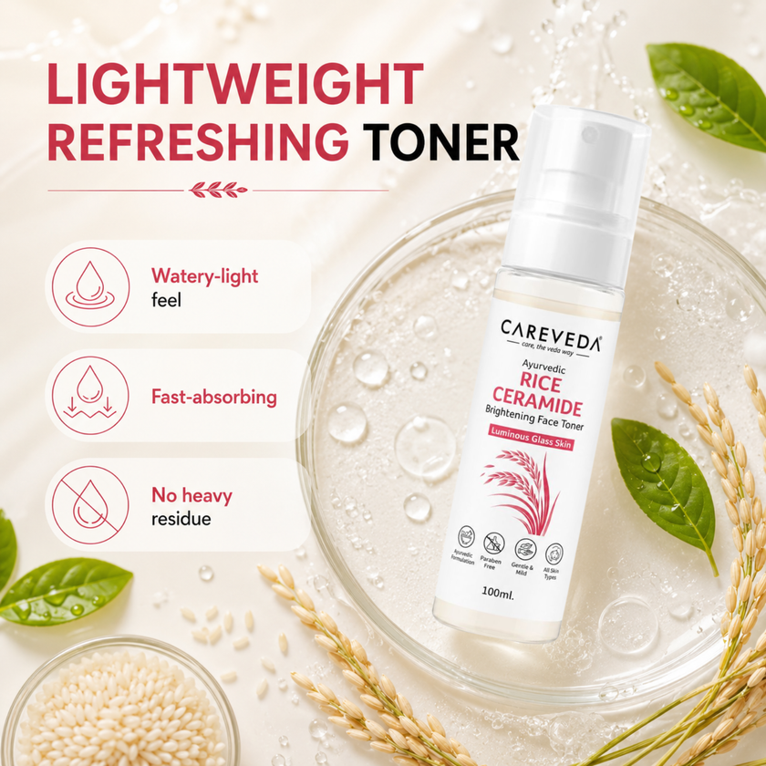 Careveda Ayurvedic Rice Ceramide Face Toner for Luminous Glass Skin - Brightening & Hydrating Toner with Green Tea & Vitamin E - 100ml