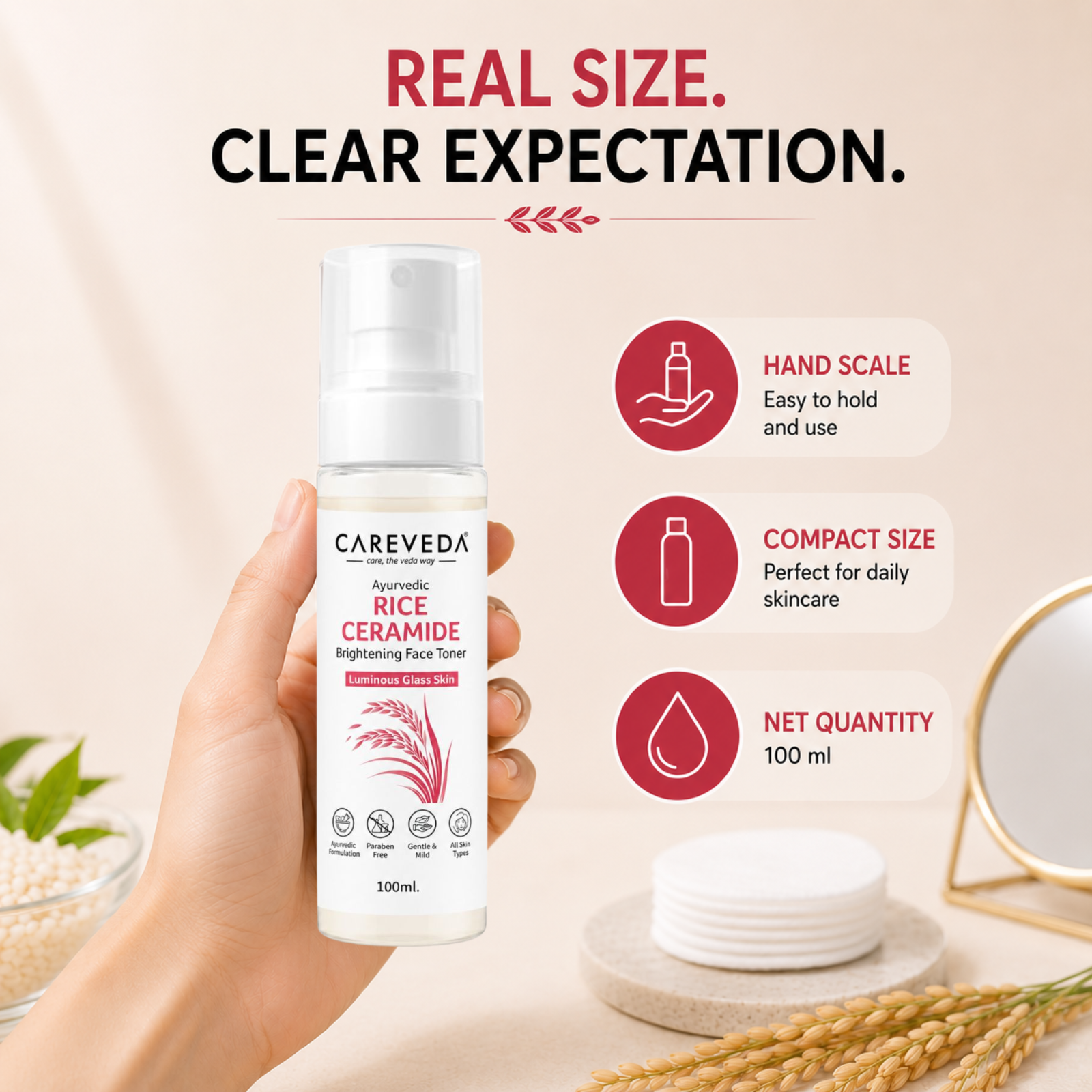 Careveda Ayurvedic Rice Ceramide Face Toner for Luminous Glass Skin - Brightening & Hydrating Toner with Green Tea & Vitamin E - 100ml