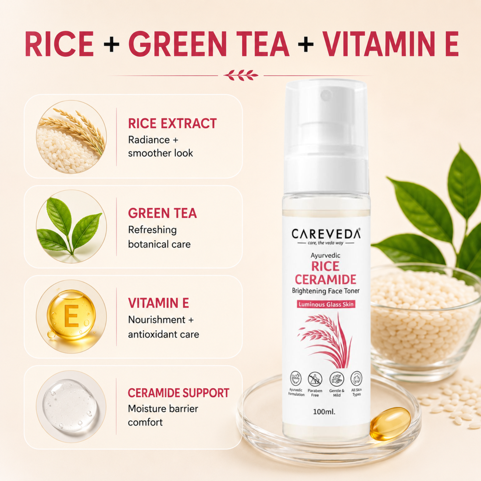 Careveda Ayurvedic Rice Ceramide Face Toner for Luminous Glass Skin - Brightening & Hydrating Toner with Green Tea & Vitamin E - 100ml