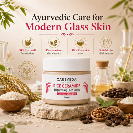 Careveda Rice Ceramide Brightening Face Scrub for Luminous Glass Skin – with Coffee, Walnut & Sugar – Deep Cleansing & Texture Refining – 50gm