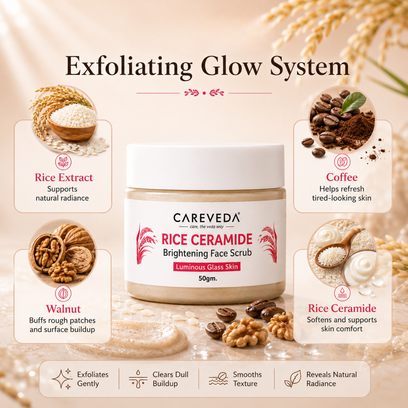 Careveda Rice Ceramide Brightening Face Scrub for Luminous Glass Skin – with Coffee, Walnut & Sugar – Deep Cleansing & Texture Refining – 50gm