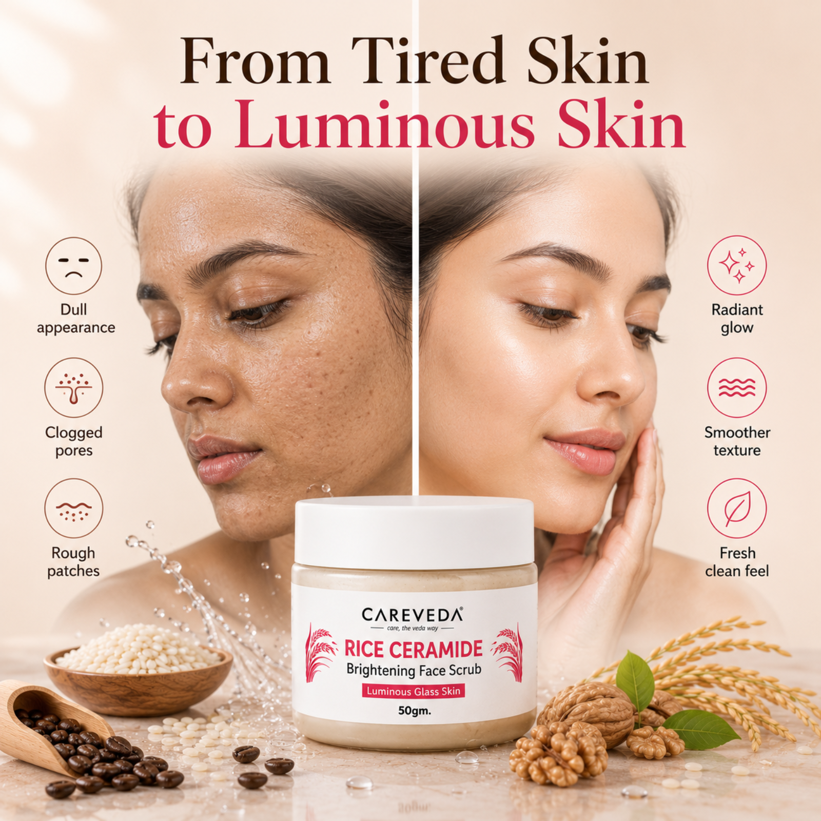 Careveda Rice Ceramide Brightening Face Scrub for Luminous Glass Skin – with Coffee, Walnut & Sugar – Deep Cleansing & Texture Refining – 50gm