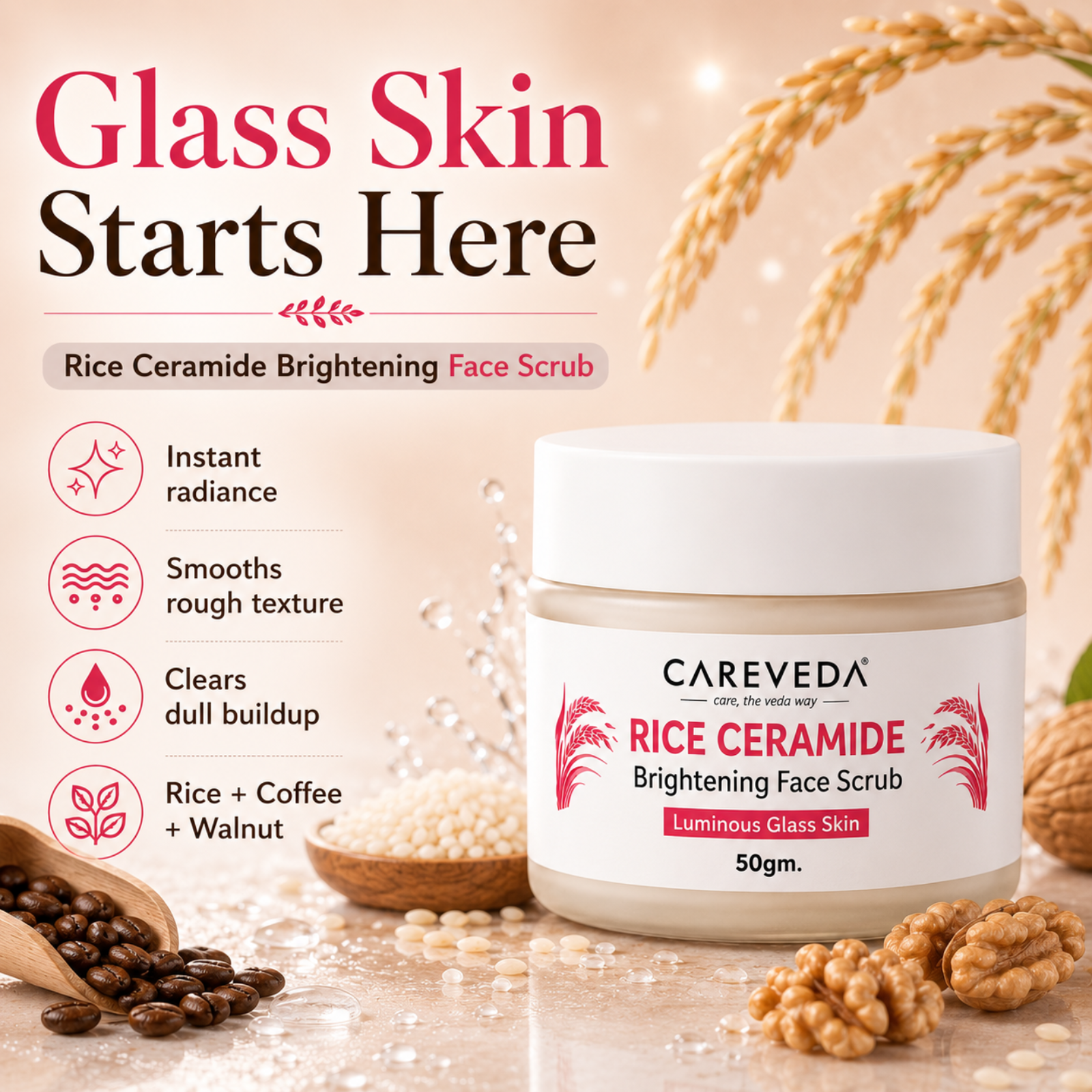 Careveda Rice Ceramide Brightening Face Scrub for Luminous Glass Skin – with Coffee, Walnut & Sugar – Deep Cleansing & Texture Refining – 50gm